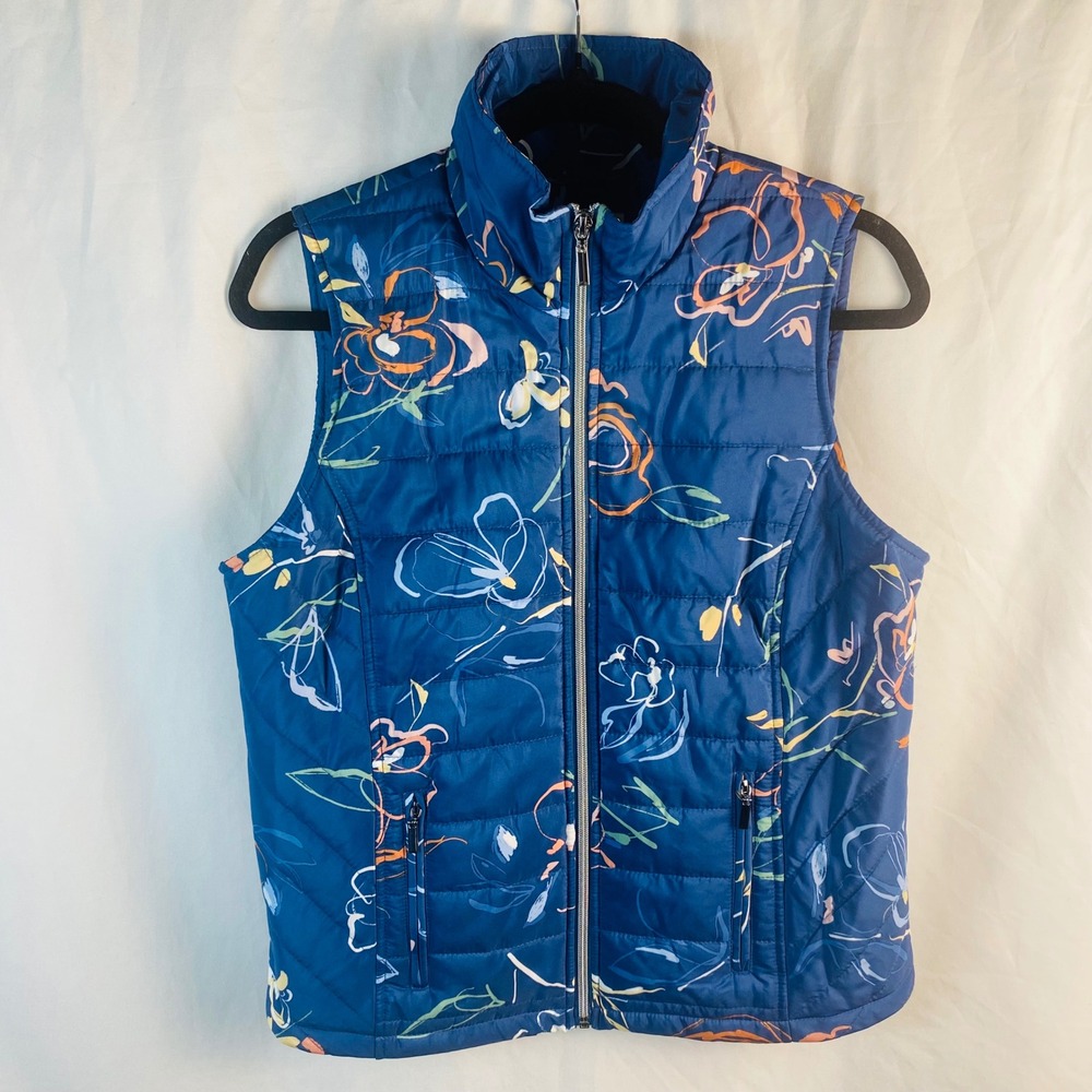Christopher & Banks Blue Floral Puffer Vest Small Colorful Quilted Outdoors